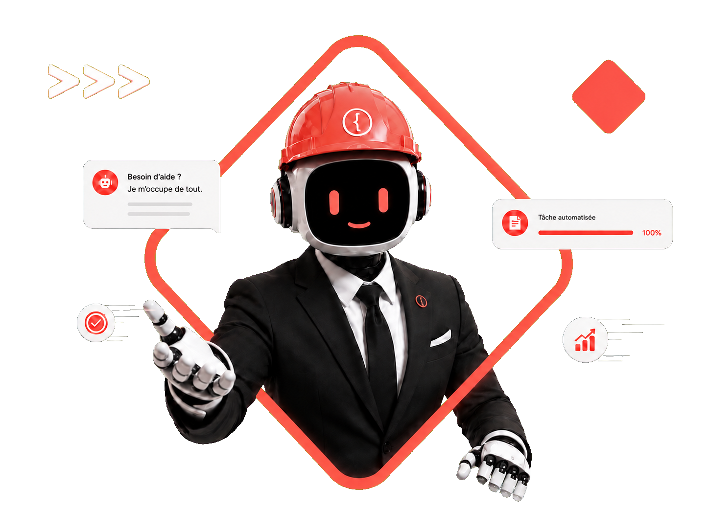 L'agent AI de Mati — un robot en habit avec un casque de chantier